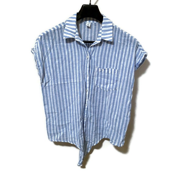 Cotton Linen Blend Tie Front Striped Shirt - Picture 2 of 6